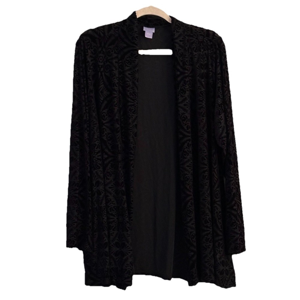 Laura Scott Burnout Velvet Cardigan Size 2X Black Open Front Boho Fairy‎ Witchy